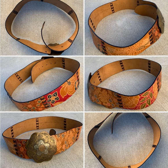 Chicos Leather Statement Belt Tooled Multicolor Floral Boho Hippy Wide Womens  M - Picture 9 of 15